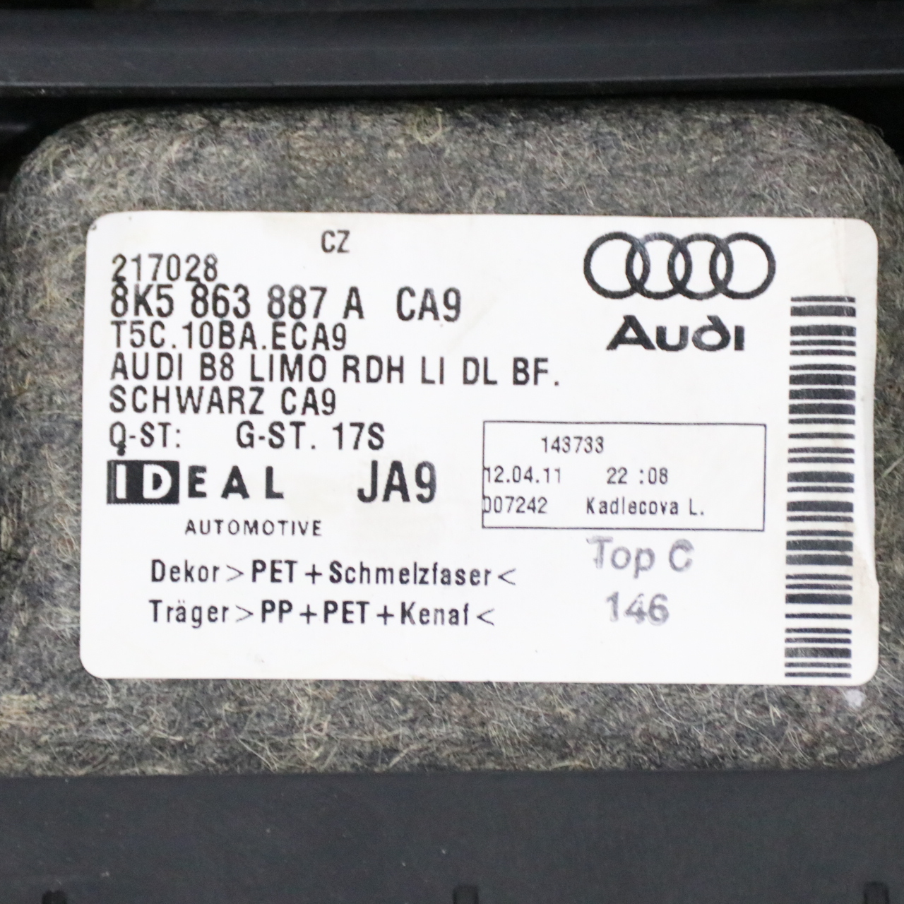 Audi A4 B8 Sedan Housse de coffre arrière gauche 8K5863887A