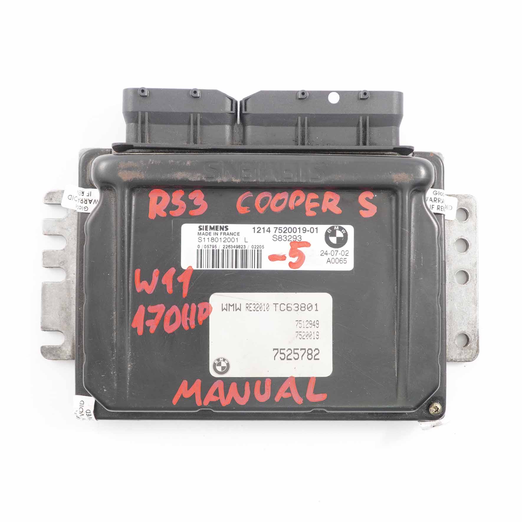 MINI Cooper S R52 R53 W11 170HP Engine Control Unit ECU DME 7520019 Manual