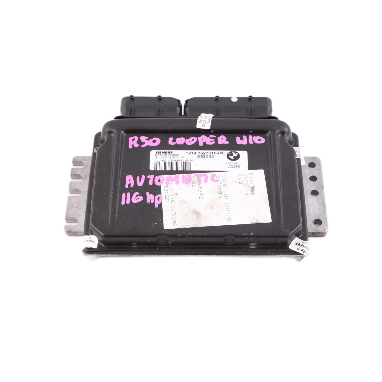 Mini Cooper R50 W10 116HP Petrol Engine Control Unit ECU DME 7527610 Automatic