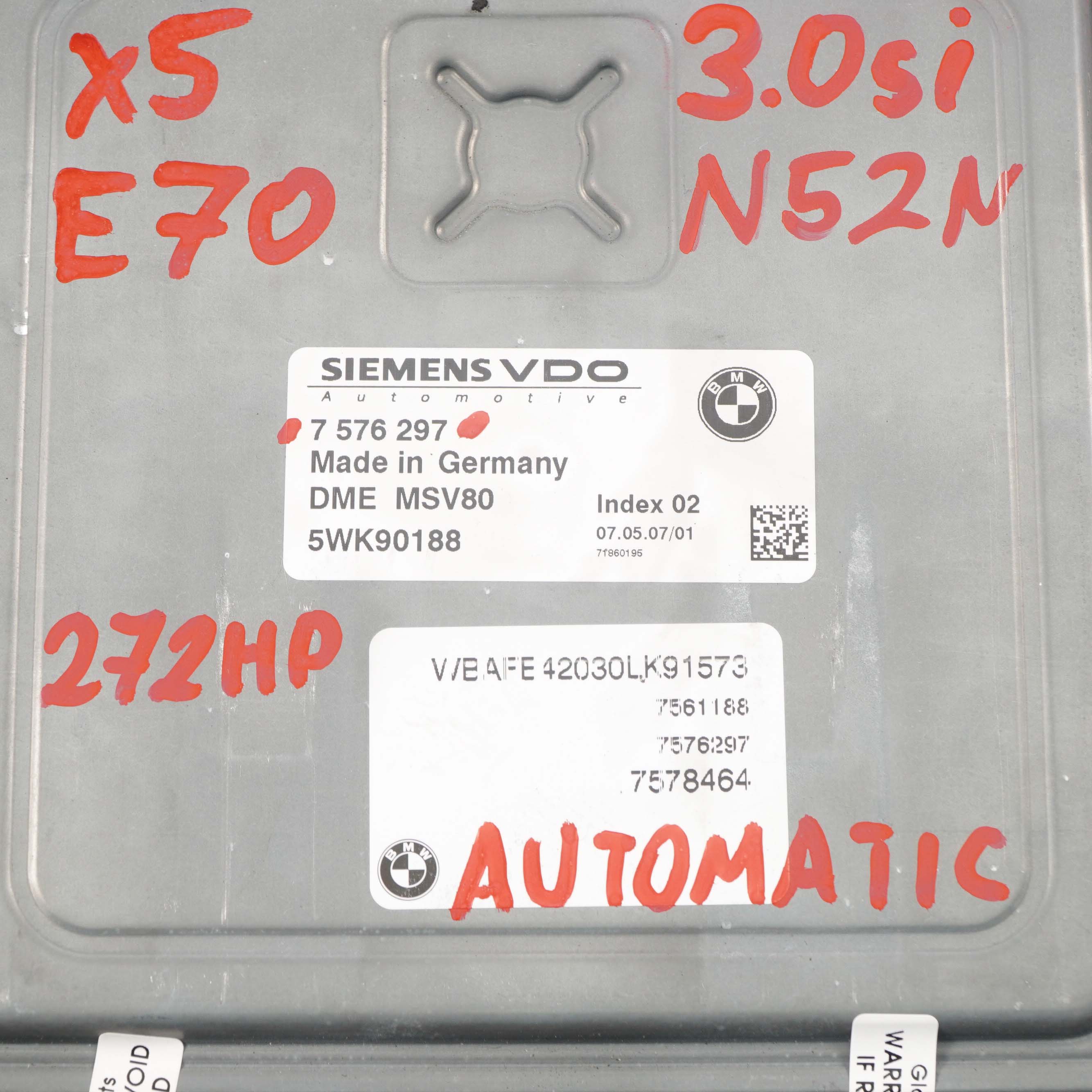 BMW X5 E70 3.0si 272HP N52N ECU Engine Control Unit Kit DME 7576297 Automatic