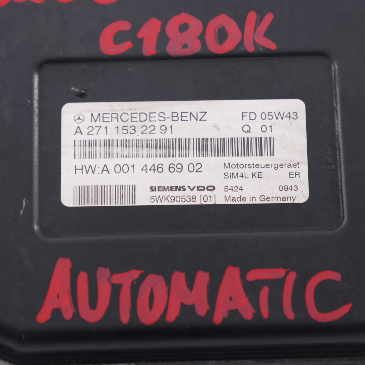 Mercedes W203 C180 Kompressor M271.946 Engine ECU A2711532291 Automatic